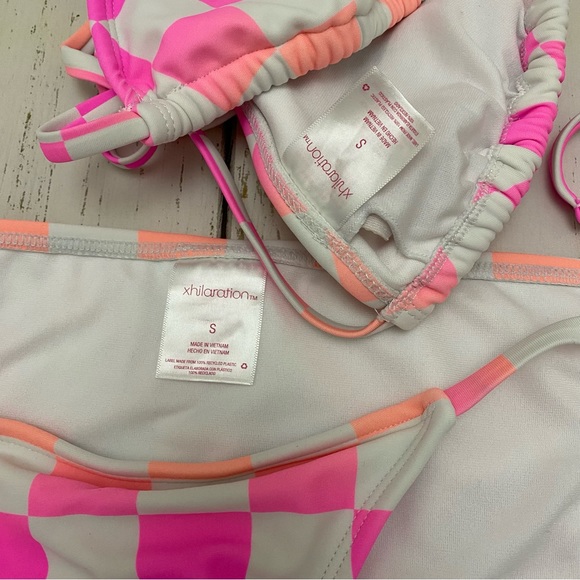 Checkered Neon Pink and Orange String Bikini Set - Picture 3 of 4